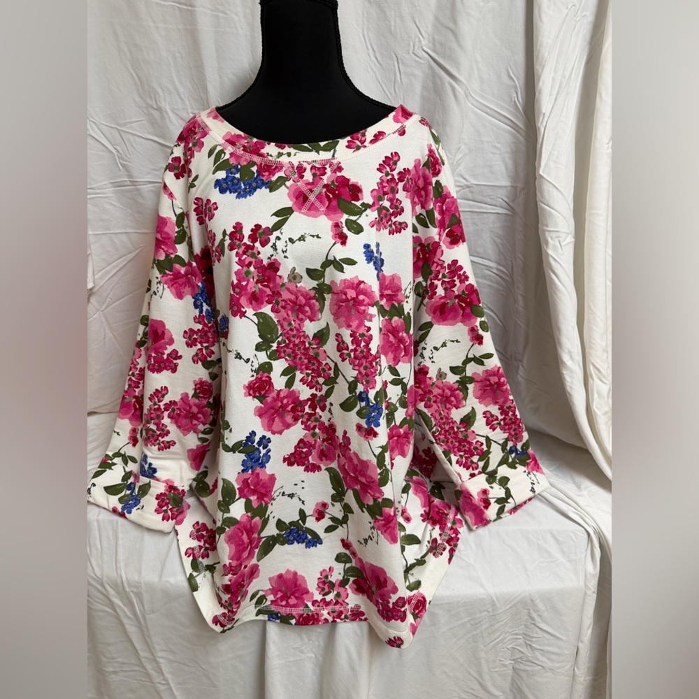 Women's White Floral Boatneck Top with Pink Bloom Print